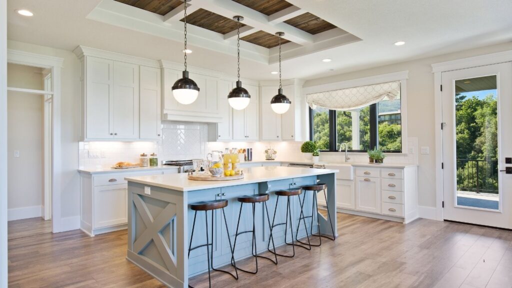 WHITE PAINTED WOODED CABINETS WITH ISLAND