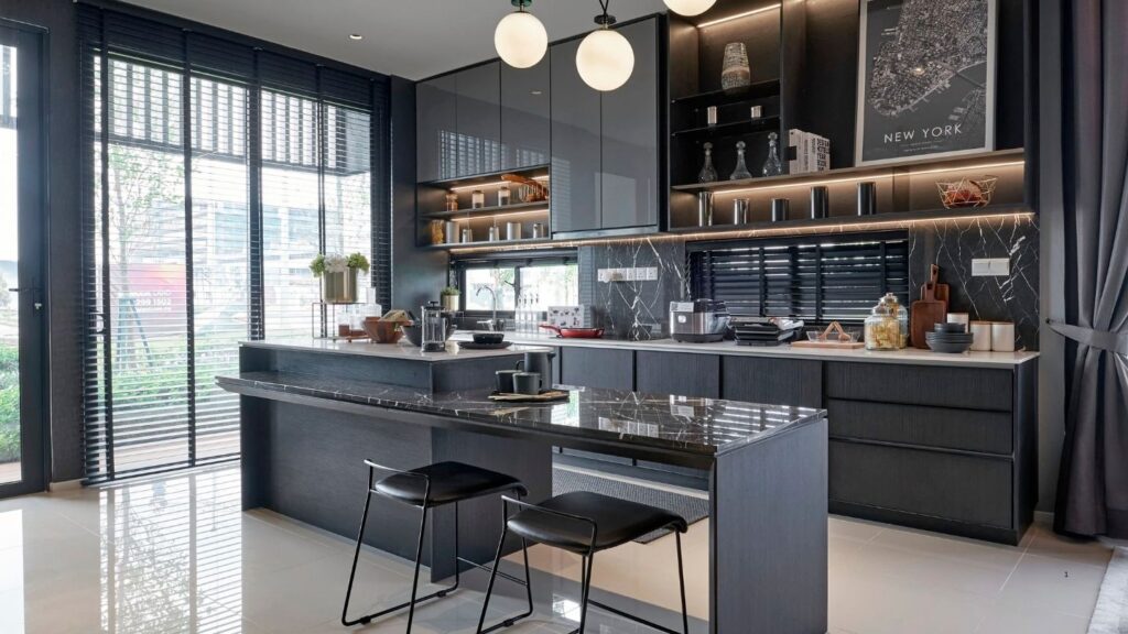 DARK GREY CABINET WITH ITALIAN MARBEL SURFACES