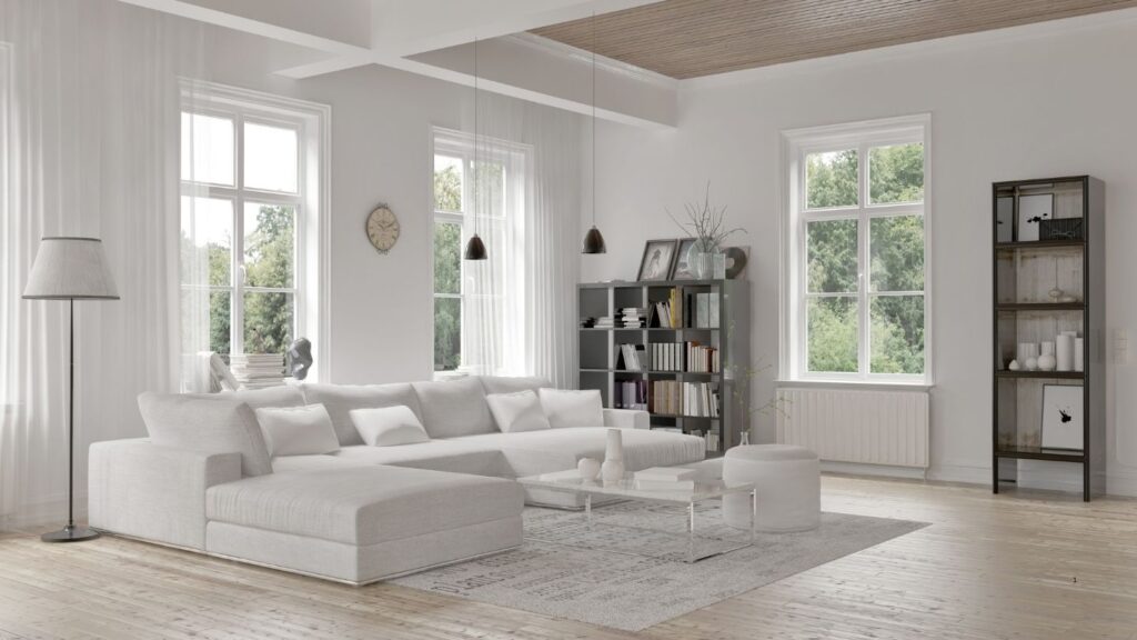 ELEGANT WHITE LIVING ROOM WITH L-SHAPE SOFA