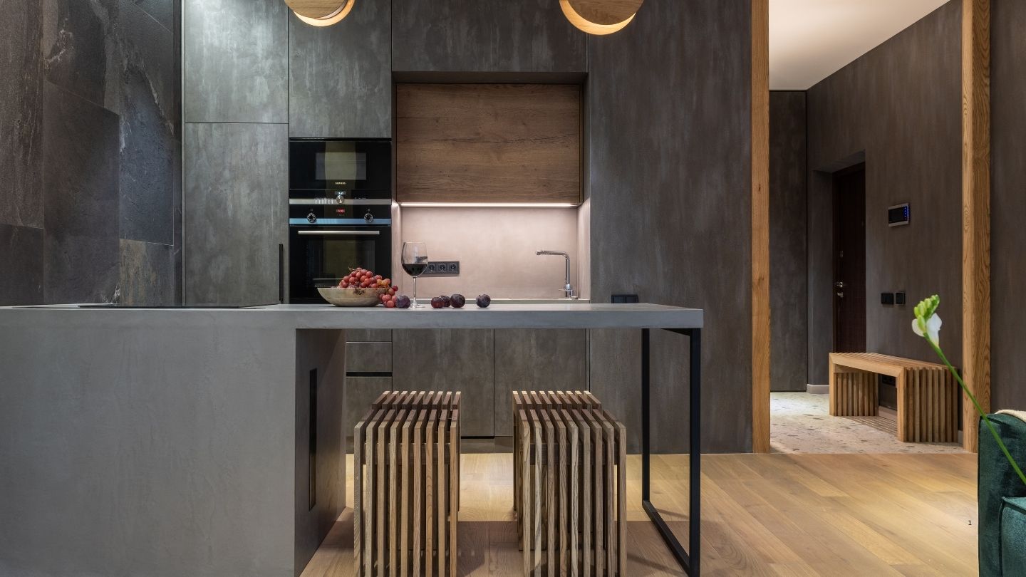 CHIC GREY PANNELED CABINETS GREY SLATE TILES