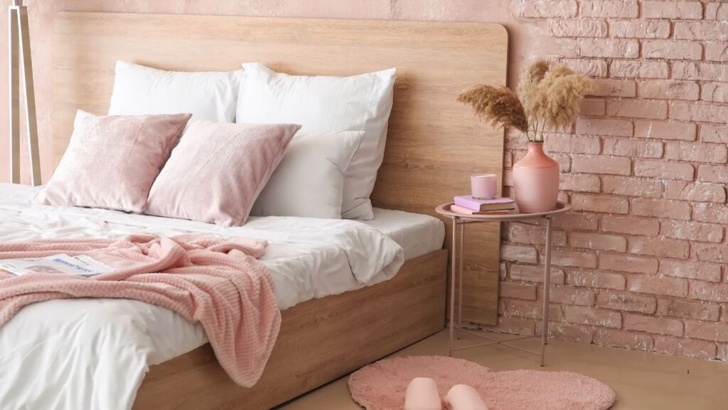 BRICED WALL WITH FUR RUG AND THROW