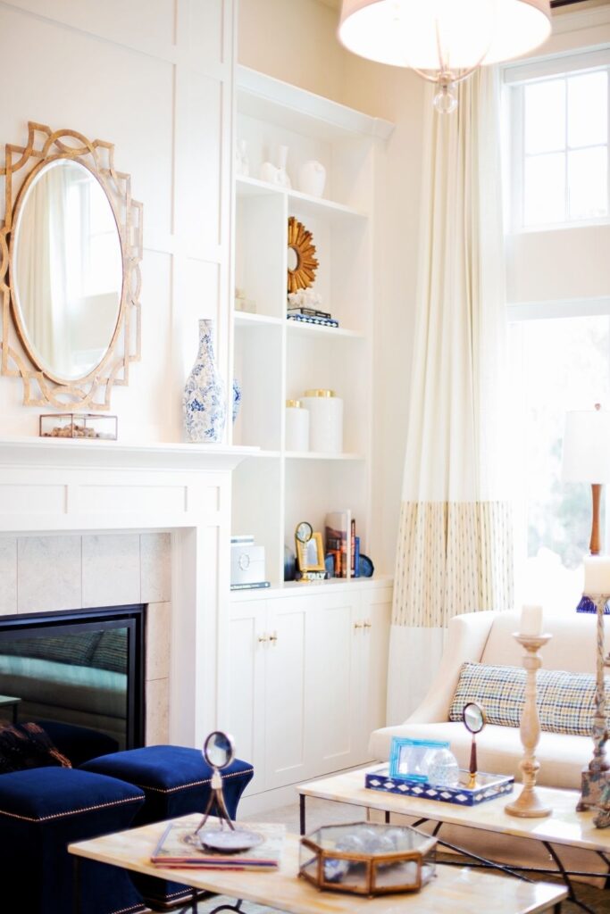 CREAM SHELVED AND FIREPLACE