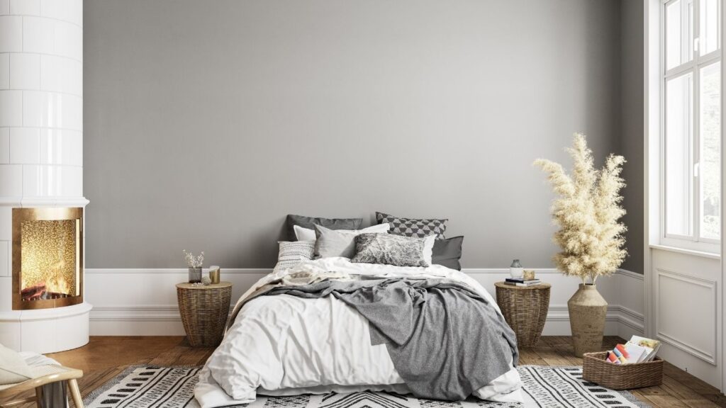 STYLISH GREY BEDROOM WITH FIREPLACE