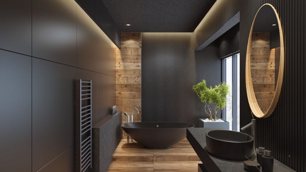 GREY PANELED OAK FLOOR BATHROOM
