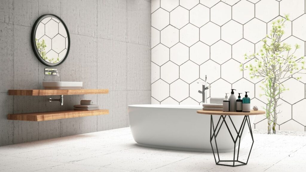 HEXAGON TILED WALL WITH FREE STANDING BATH