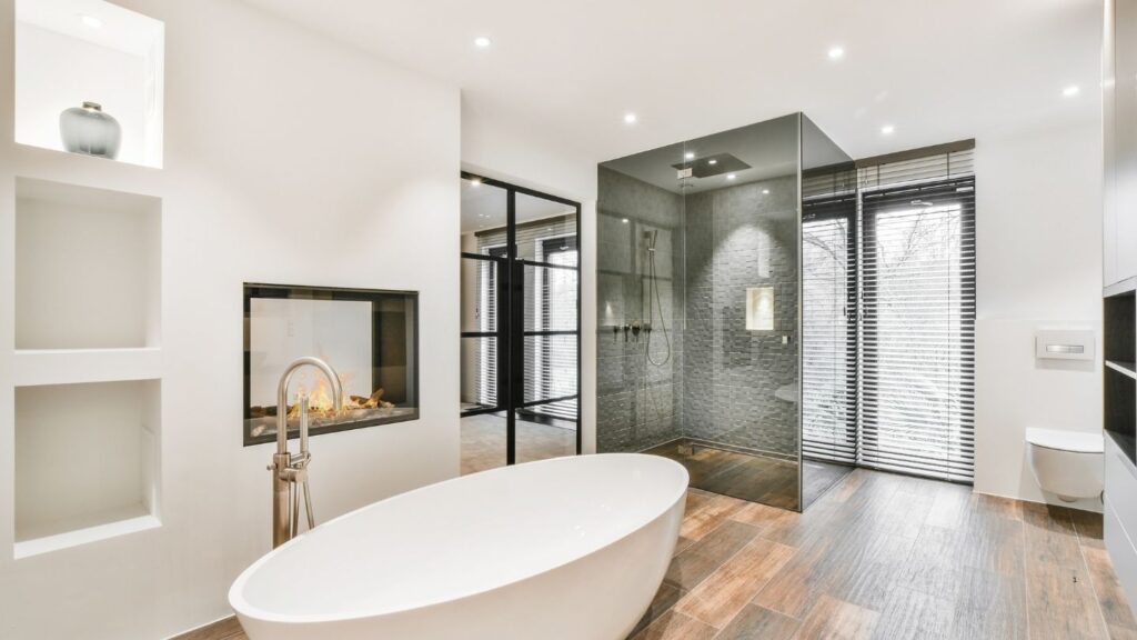 MODERN GLASS CUBICLE SHOWER WITH FREE STANDING BATH