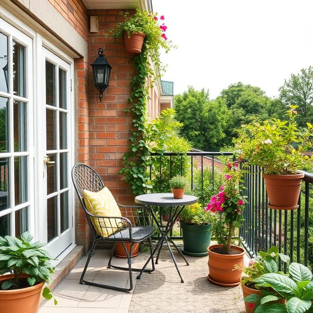 BALCONY WITH HANGING PLANTS AND POTTED FLOWERS