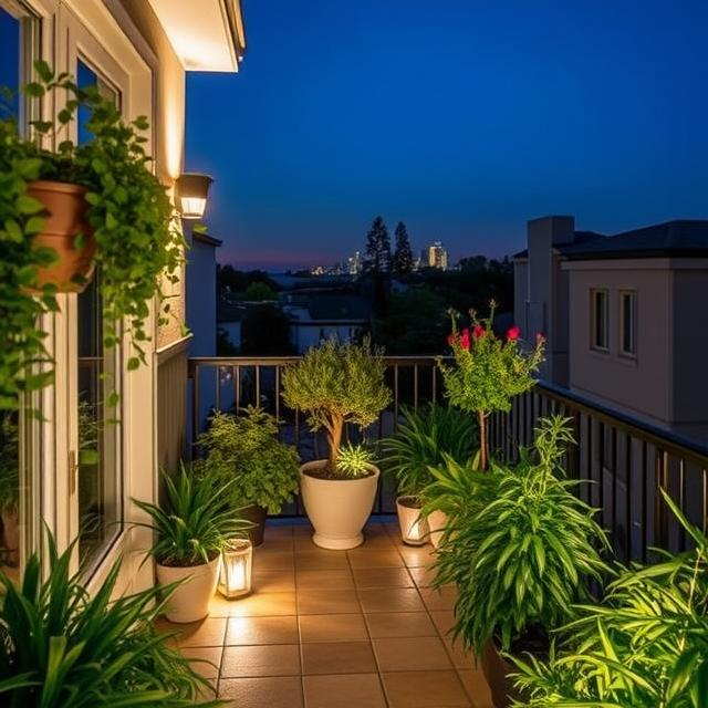 CERAMIC POTTED SMALL TREES AND CACTUS ON COSY BALCONY