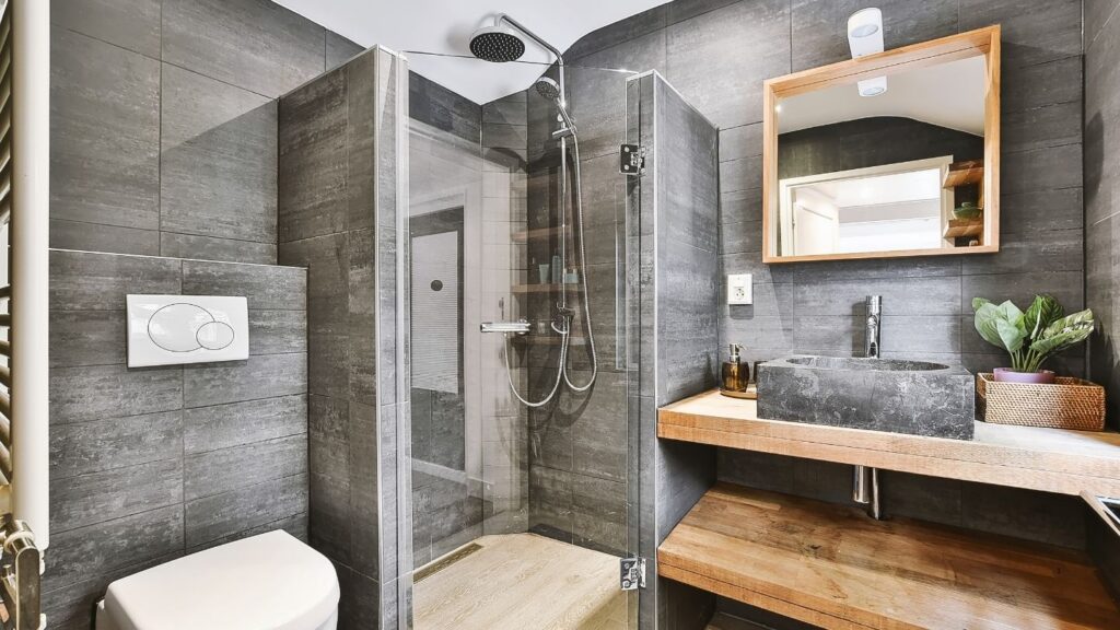 GREY SLATE WALLS AND SINK