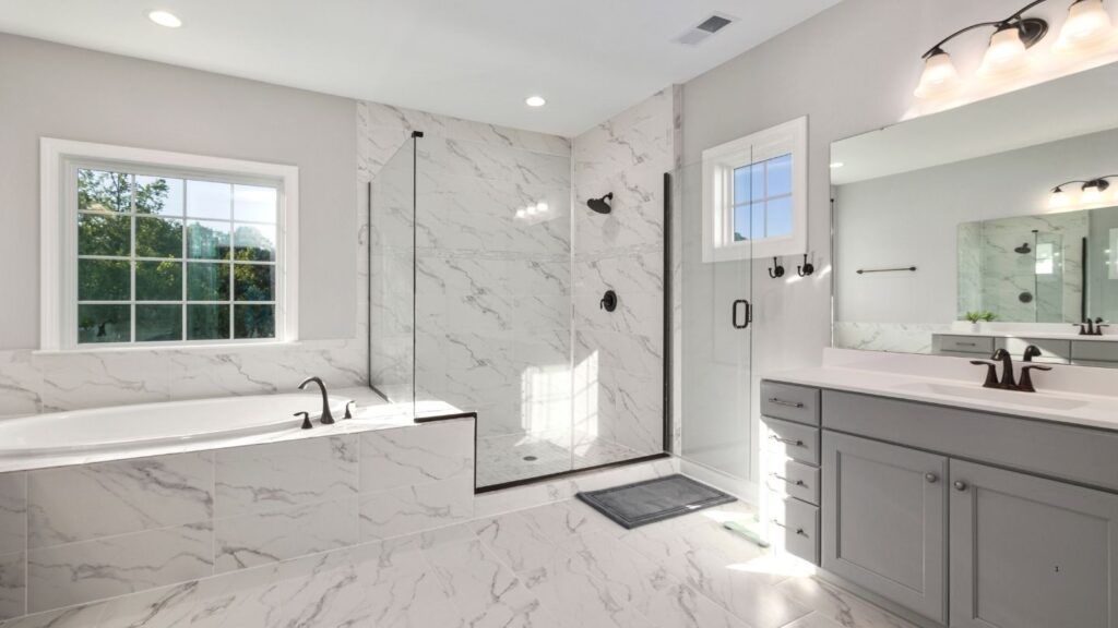 WHITE GREY MARBLE WALLS AND FLOOR WITH GEY CABINETS