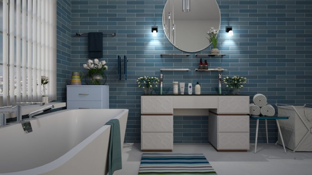 BLUE TILED BATHROOM WITH FREE STANDING BATH
