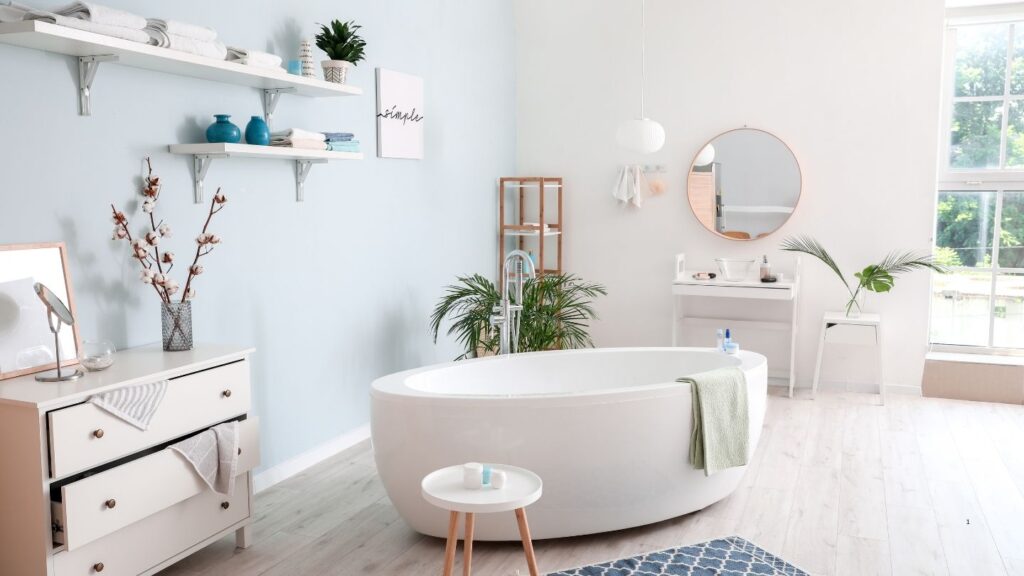 LARGE OVAL FREE STANDING BATH IN BRIGHT BATHROOM