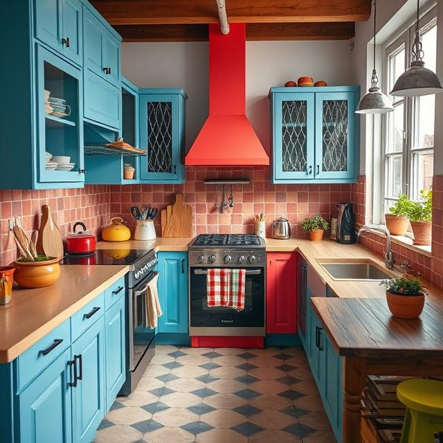 COUNTRY STYLE CABINETS WITH RED COOKER HOOD