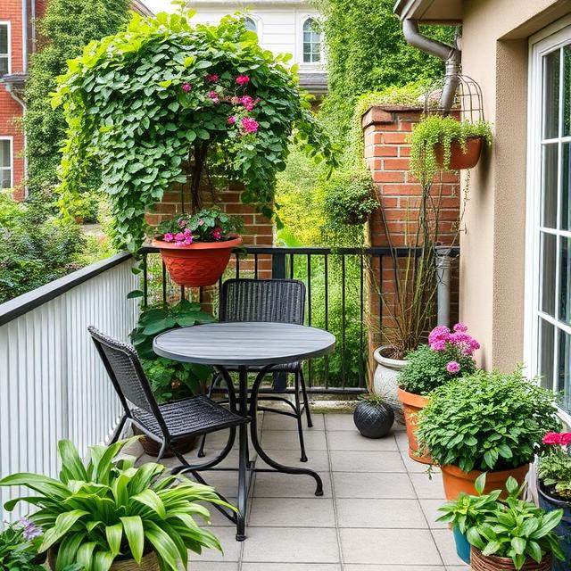 IRON TABLE AND CHAIRS HANGING BASKETS AND POTTED PLANTS
