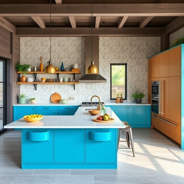 L-SHAPED ISLAND BLUE CABINETS