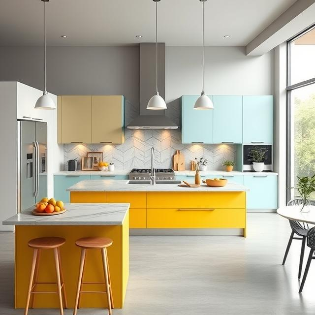 PASTEL COLORED ISLAND AND BREAKFAST BAR