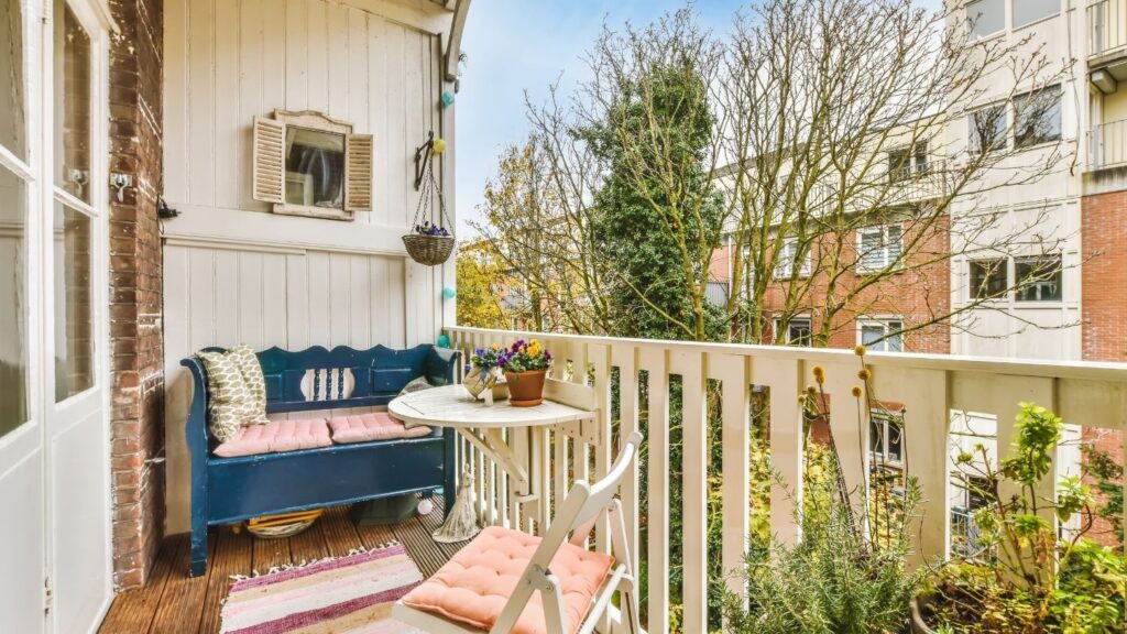 WOODEN BENCH WITH BALCONY TABLE